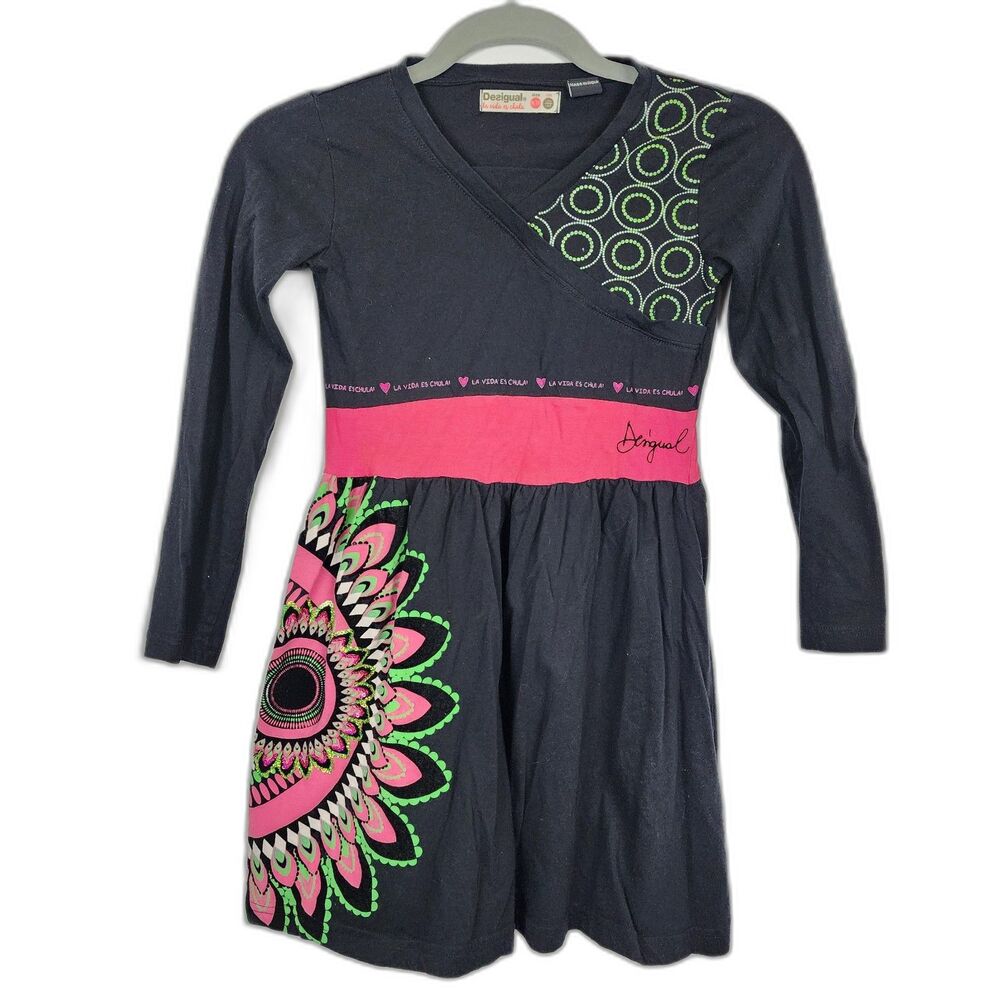 Desigual Mandala Graphic Print Long Sleeve Knit Dress Black Pink Kid's Size 9/10